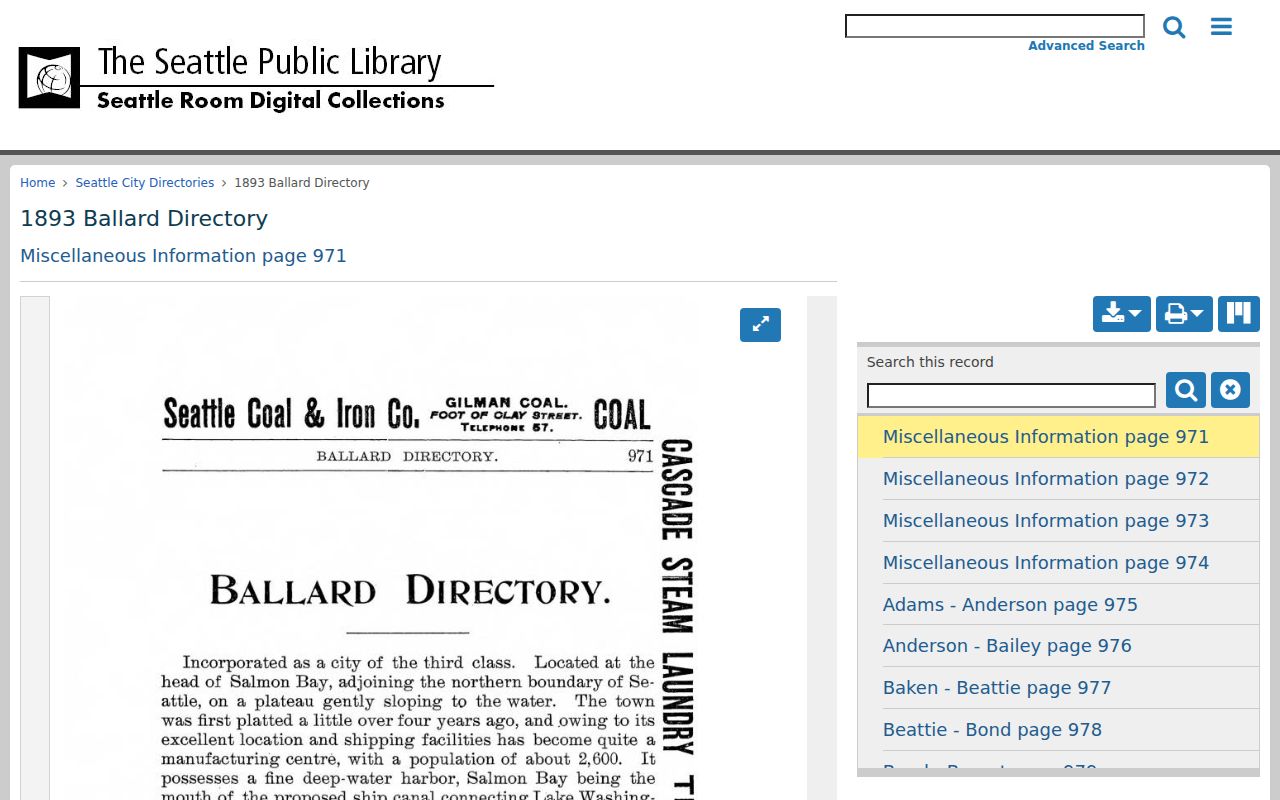 A scanned 1893 Ballard page from a Washington city directory
