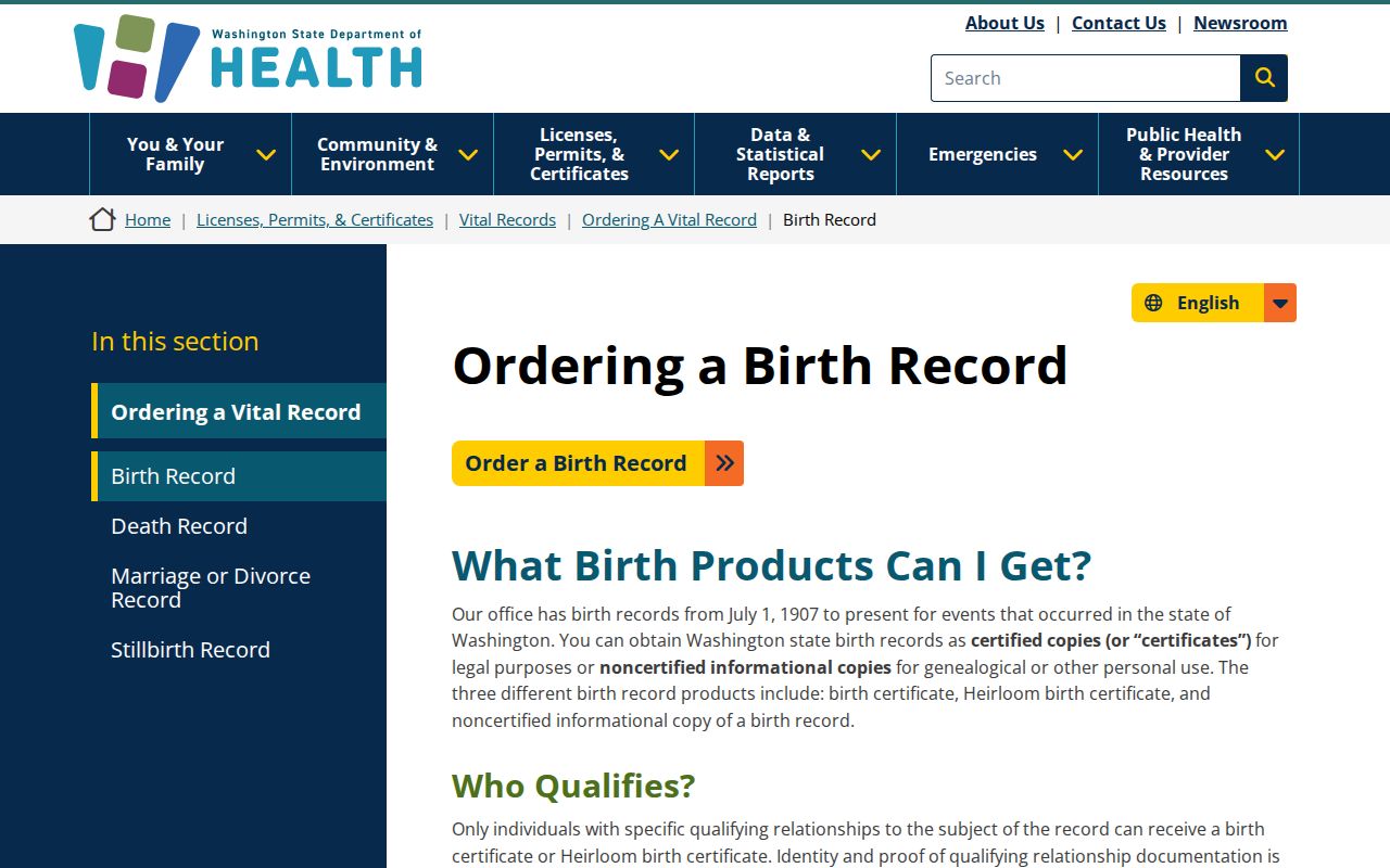 Washington resident lookup using the official birth record product and required application details