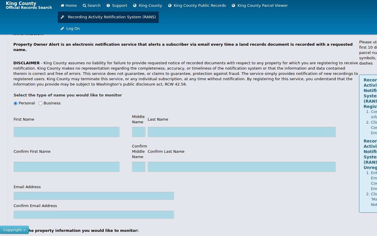 Washington previous residents resource showing the King County recording alert form