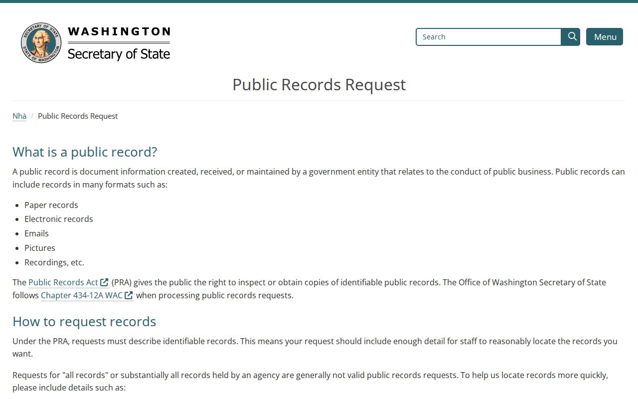 Washington residents directory public records request guidance