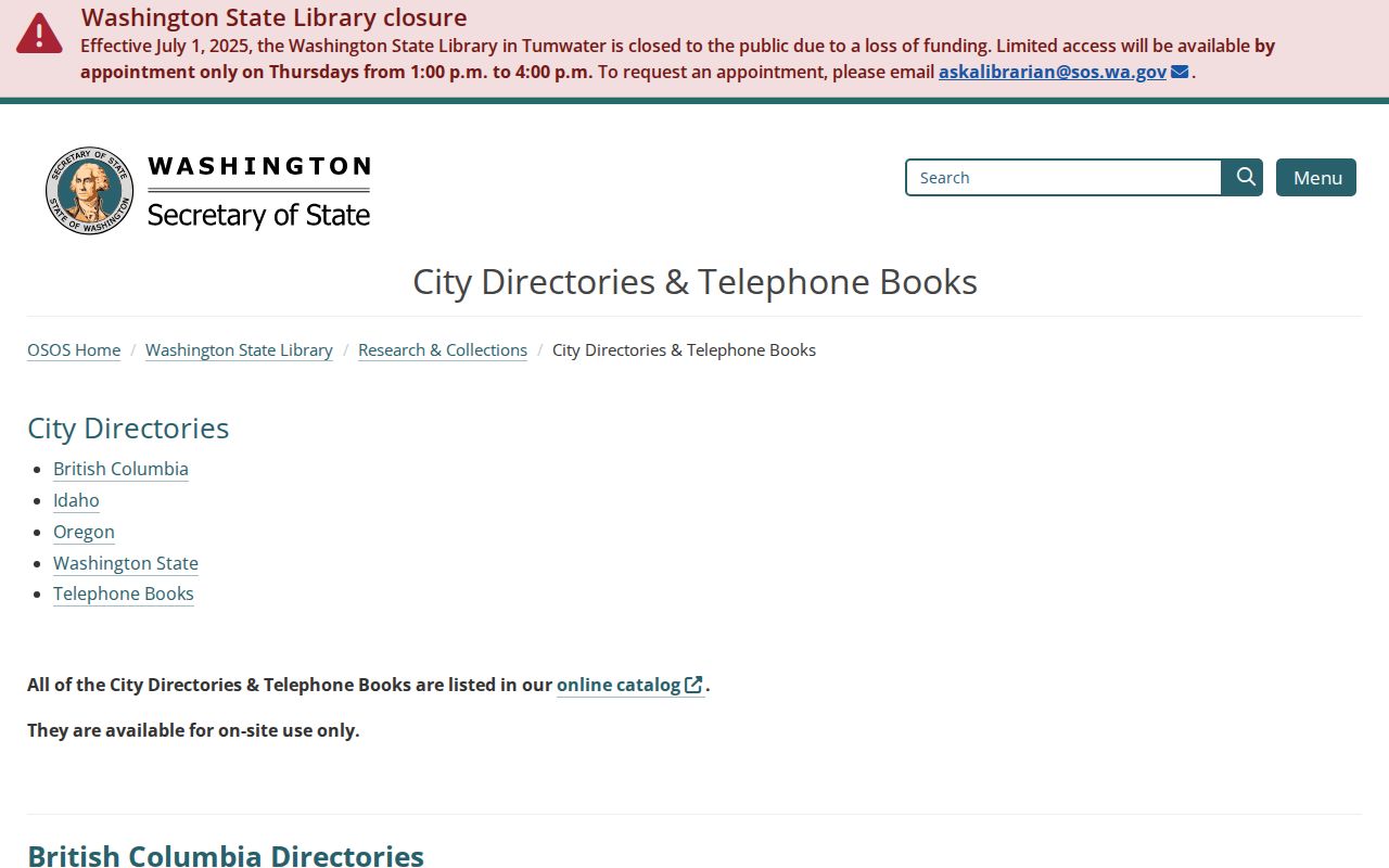 Washington city directory research at the State Library, including its appointment access notice