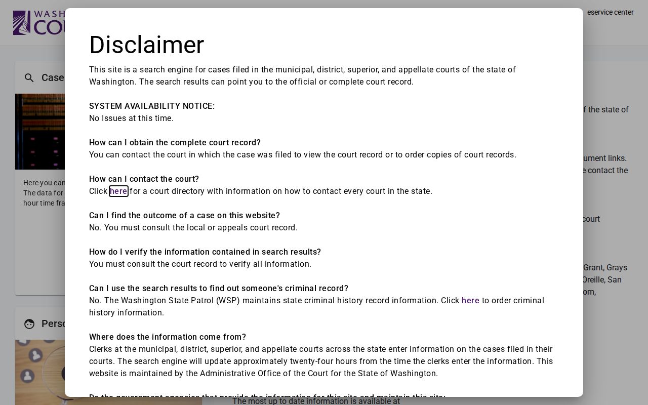Washington resident lookup using the Washington Courts search disclaimer and name index